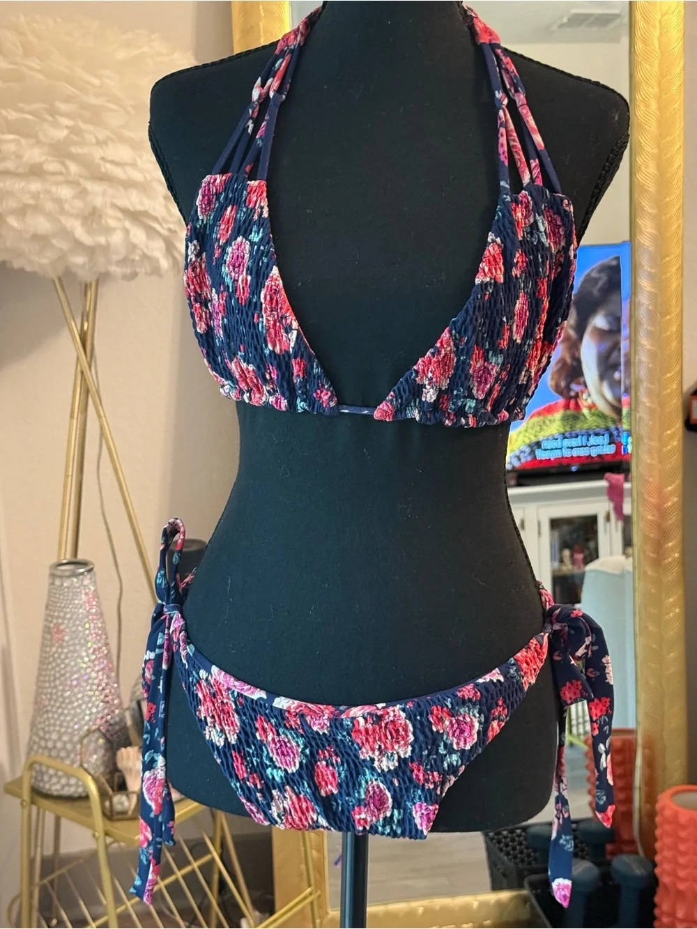 Tori Praver Floral Handmade Bikini Set in Navy & Pink Rose